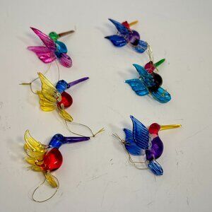 VTG 6 Glass Ornaments- Multicolored Hummingbirds - Unique Hand Blown